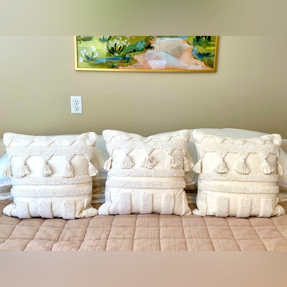 Bohemian Ivory Tufted Pillows, Cotton Boho Cushion Cover + Insert 18”x18”